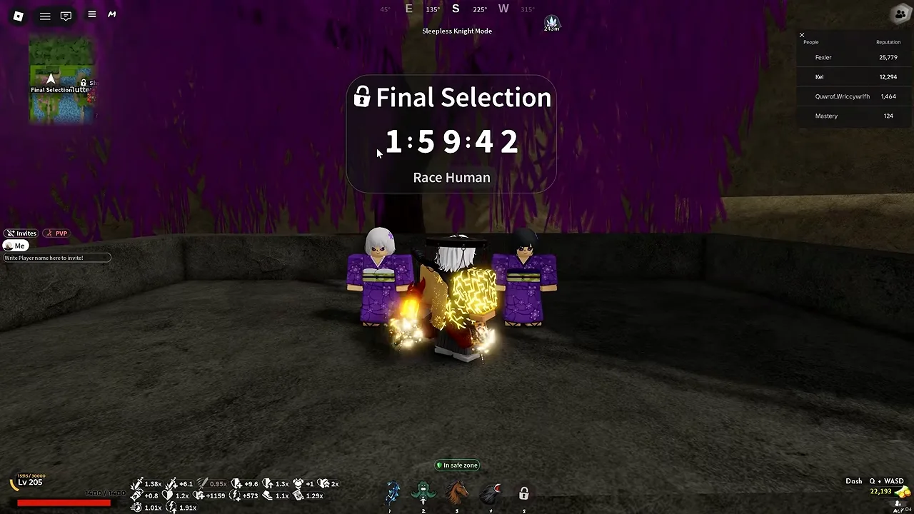 Two NPCs in purple kimonos under purple trees, a large countdown sign above them
