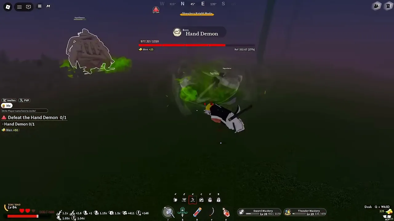 A foggy field at dusk with a large pale demon and a boss health bar at the top