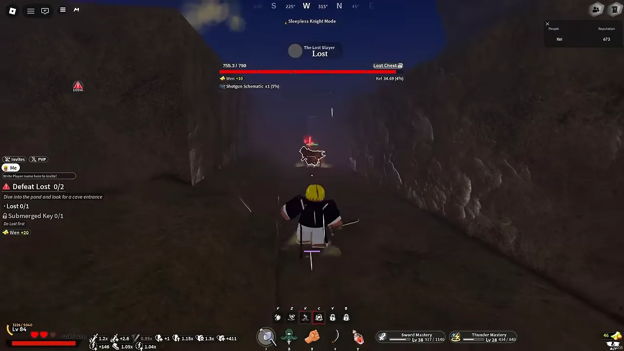 A dark underwater cave passage with a boss health bar and its drop list at the top