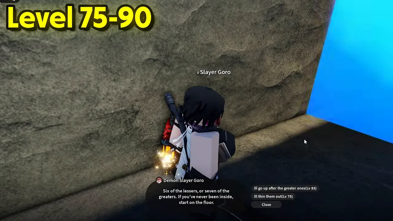 A player at a cave wall talking to Demon Slayer Goro, with two quest options