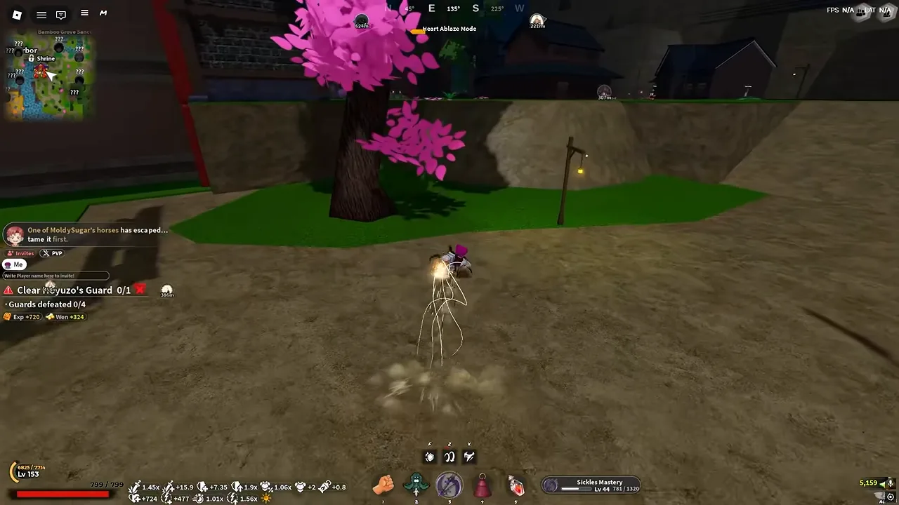 A player on a dirt path under a pink tree, a message with a portrait on the left
