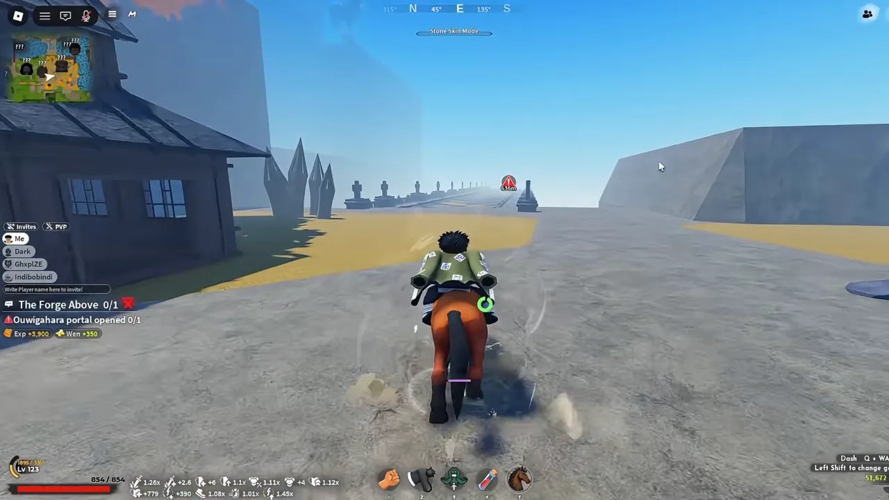 A player riding a brown horse along a grey road, a horse head icon in the hotbar
