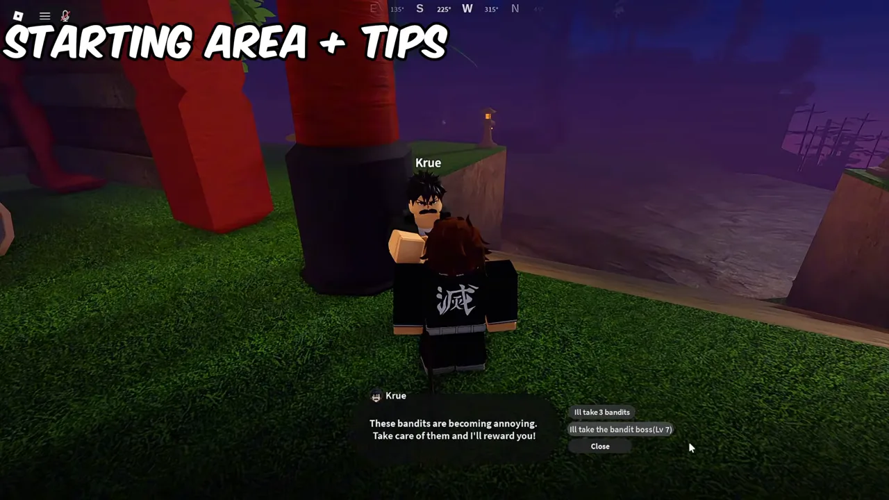 A player standing beside the NPC Krue, with two bandit quest options on screen