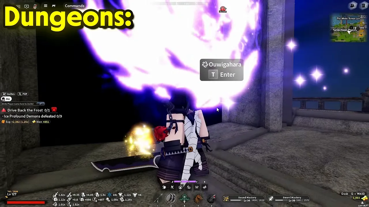 A player in front of a huge swirling purple portal, an enter prompt beside it