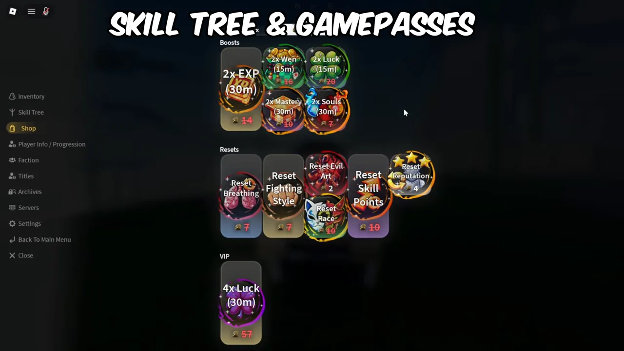 The in-game shop menu with boosts, resets and a VIP item, each priced in ore