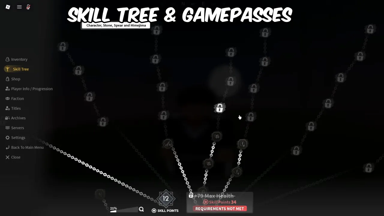 The skill tree screen, a web of chained nodes with a points counter at the bottom