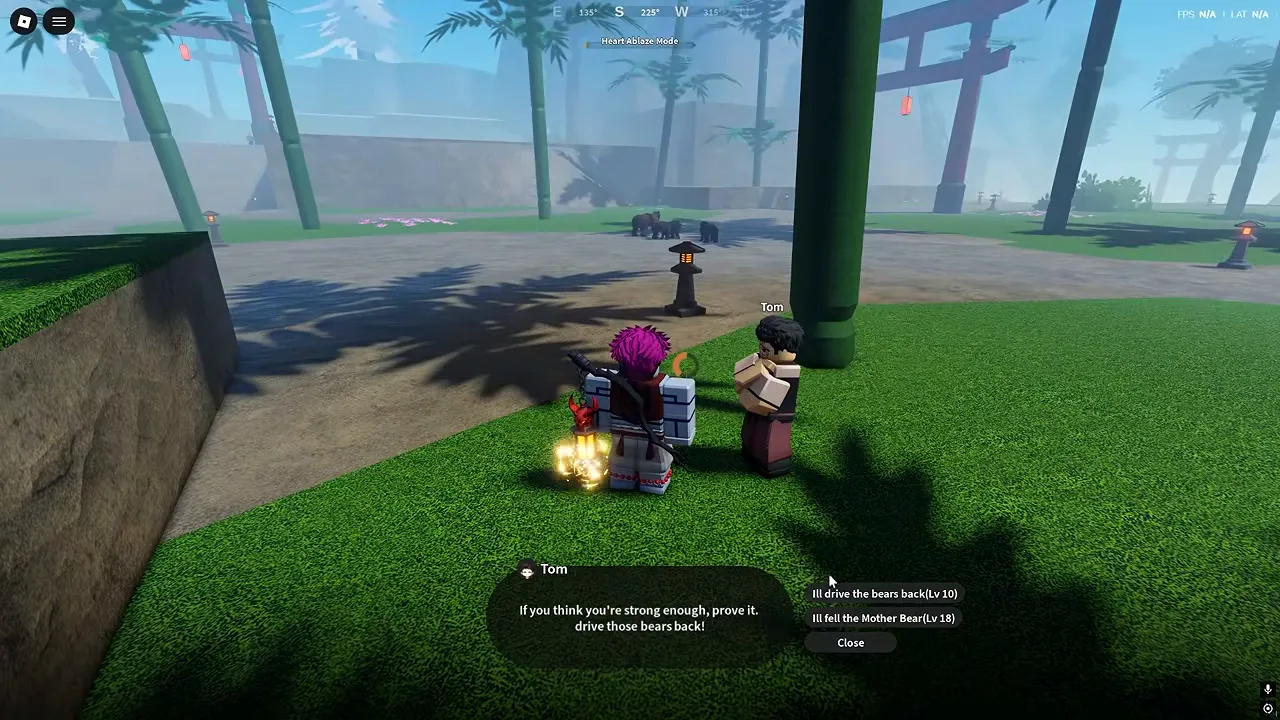 A player next to the NPC Tom, with bears grazing in the background