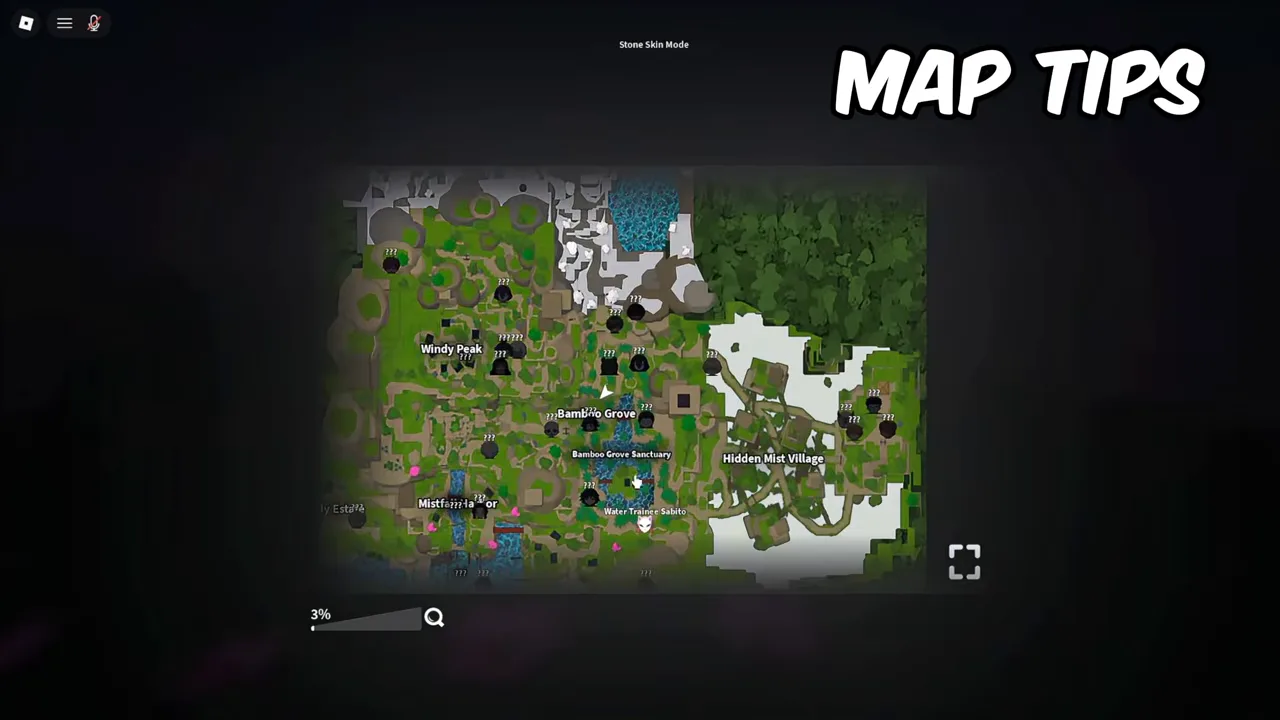 The full-screen world map, mostly green, with place names and many unexplored markers