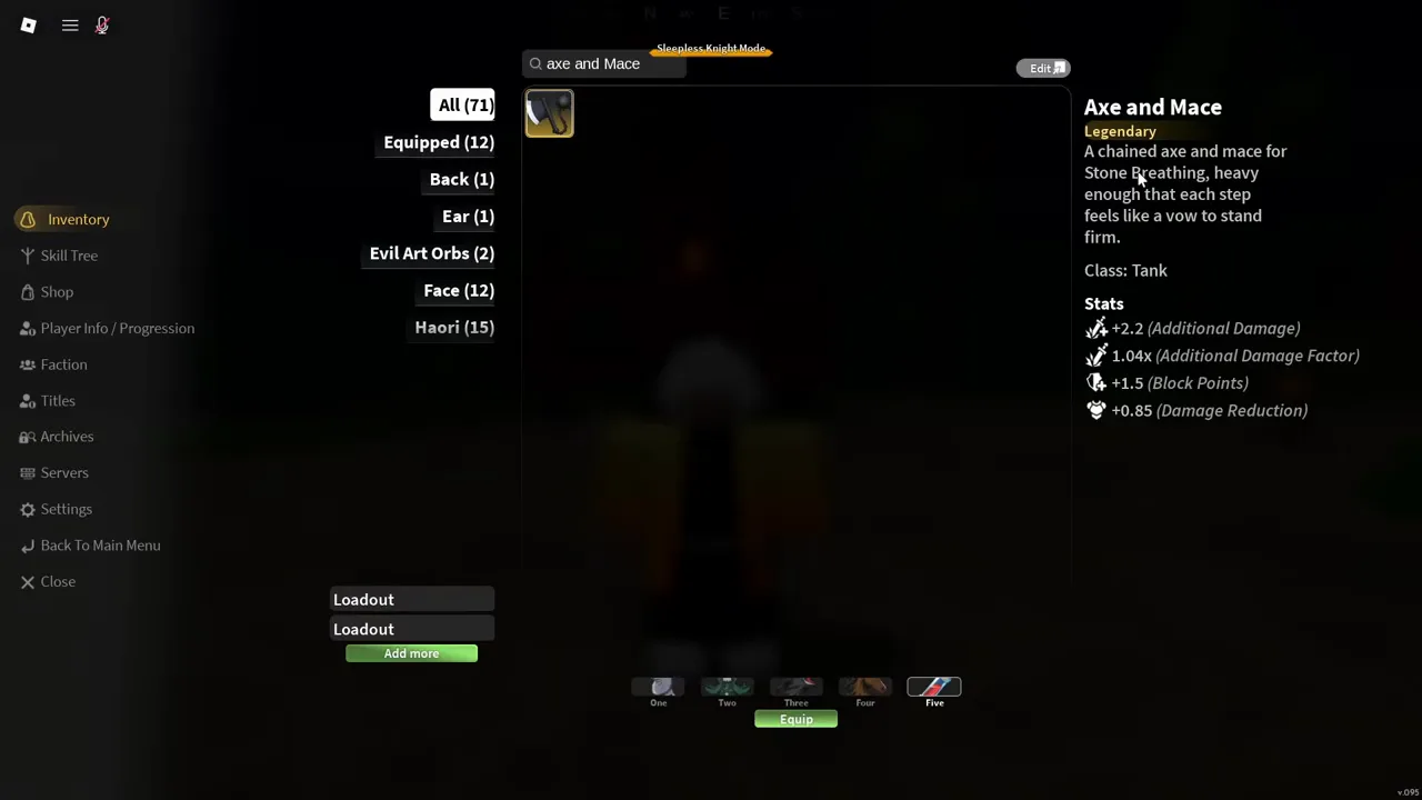 An inventory card for the Axe and Mace weapon with its stats