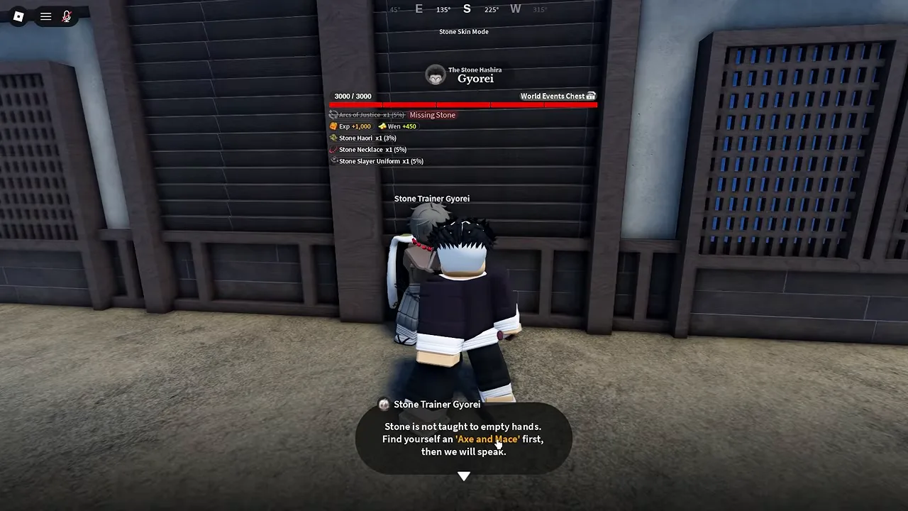 The Stone trainer's dialog box refusing a player who has no weapon