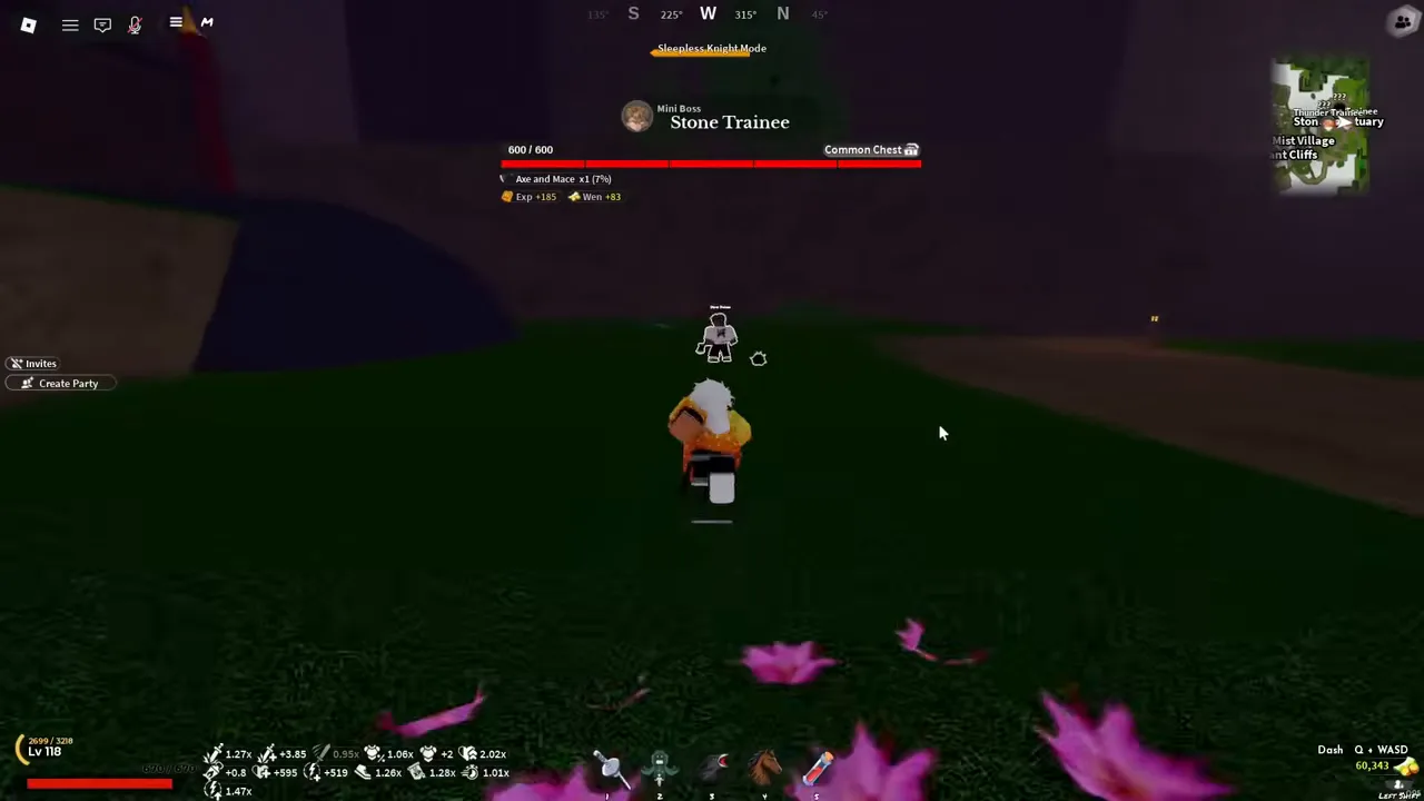 Night on a grassy hill with the Stone Trainee's health bar and one drop listed
