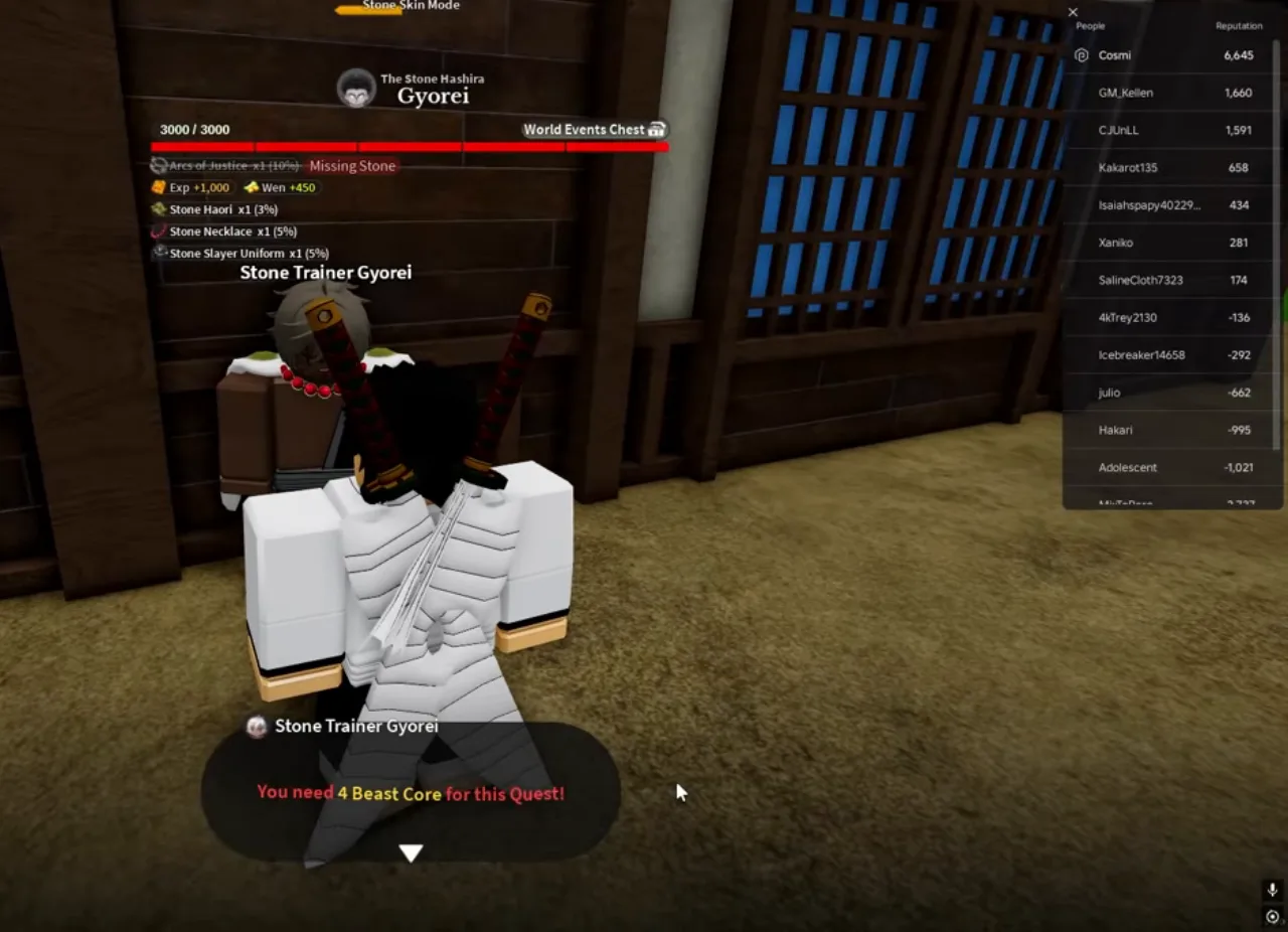 A player facing the Stone trainer by a wooden wall, with the trainer's line and a boss health bar above