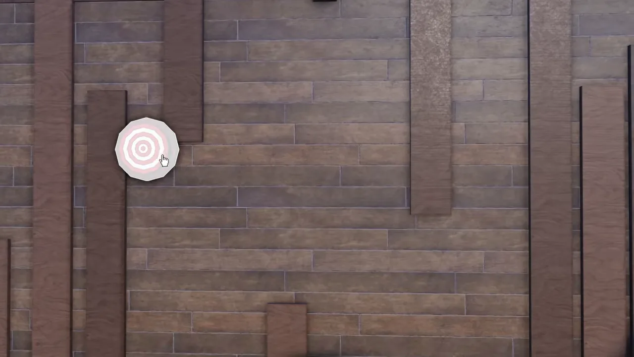 A wooden wall with a round red and white target under the mouse cursor