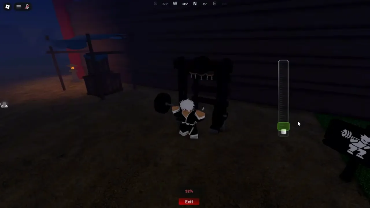 A player under a barbell at night beside a vertical meter with a green block