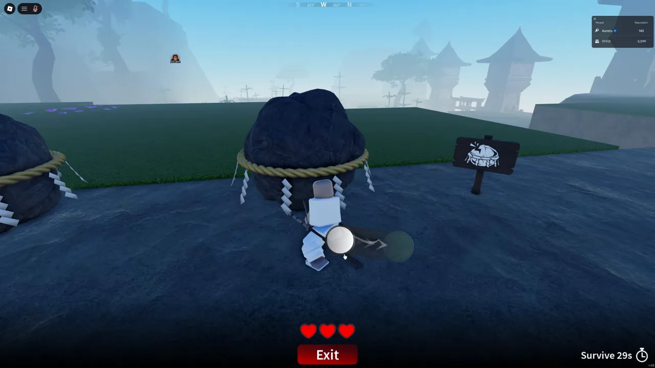 A player at a large rope-bound boulder next to a sign, with three hearts and a countdown