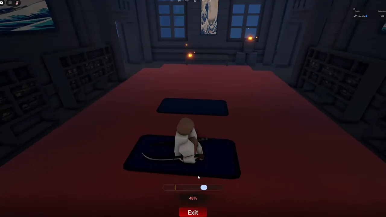 A character kneeling on a dark mat on a red floor, with a bar and a percentage below