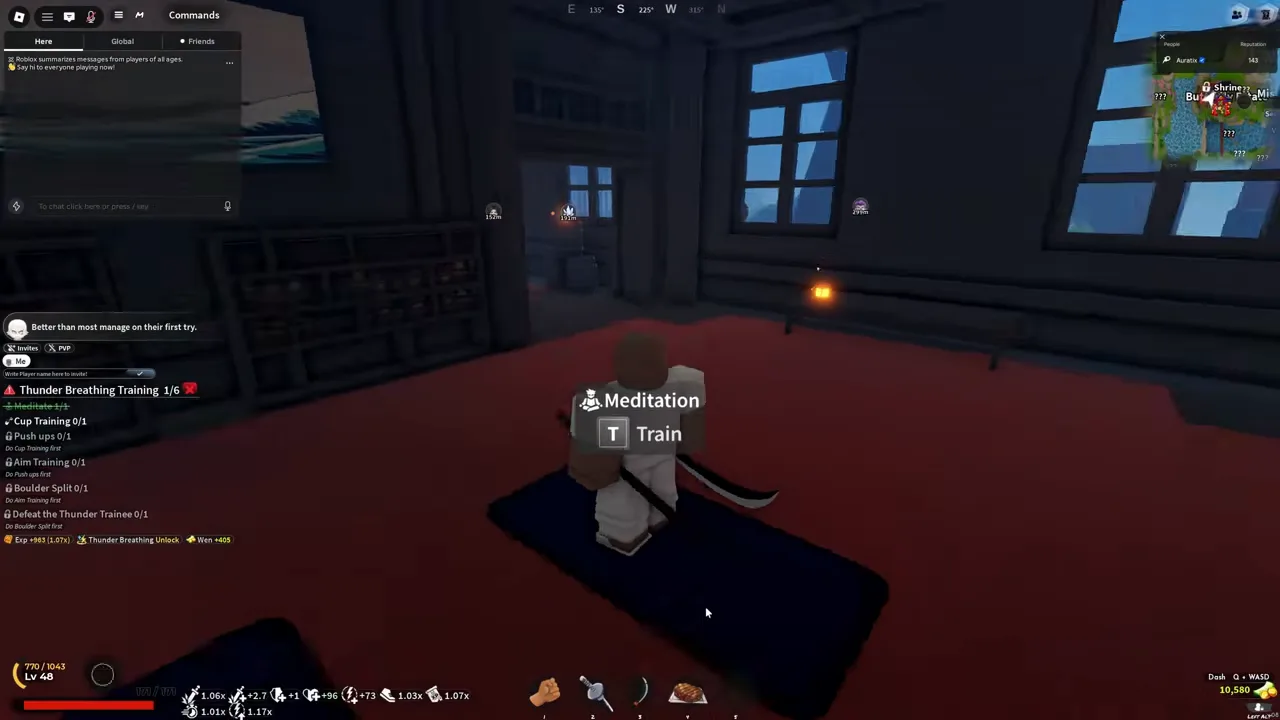 A character on a mat under a Meditation prompt, with the quest list showing one step done