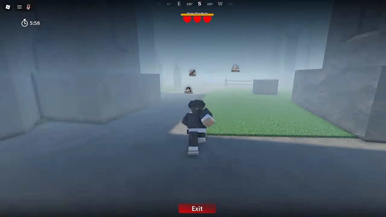 A foggy stone corridor with a timer at the top left and three hearts at the top