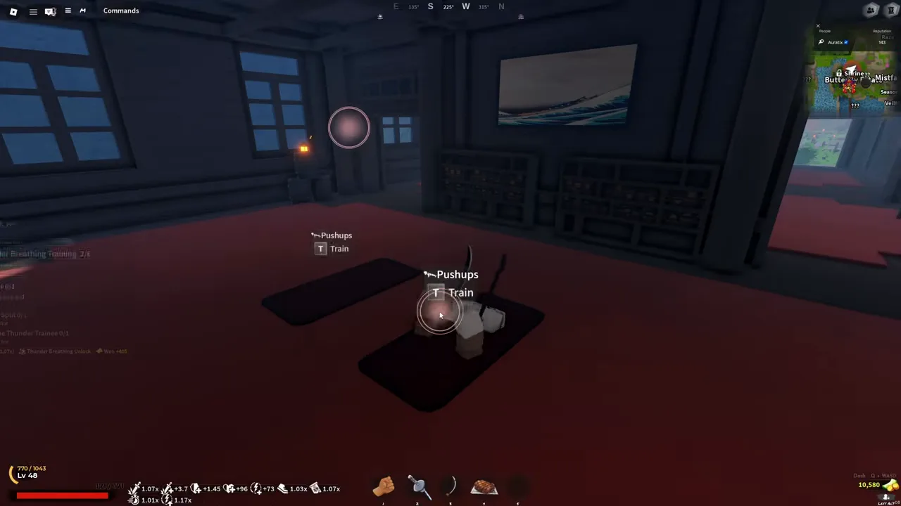 Two mats in the red-floored room, each with a Pushups prompt, and a circle over the player