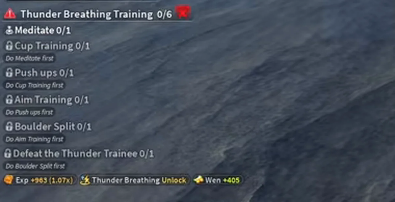 A quest list titled Thunder Breathing Training with six steps