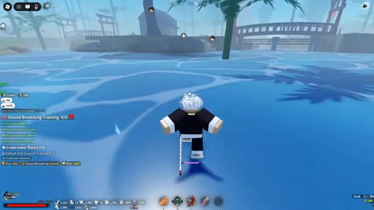 A player wading in a blue pond under a red arched bridge, with the quest list at the side