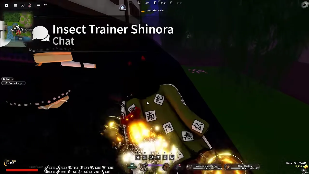 A player standing next to the Insect trainer at night, with the chat prompt open