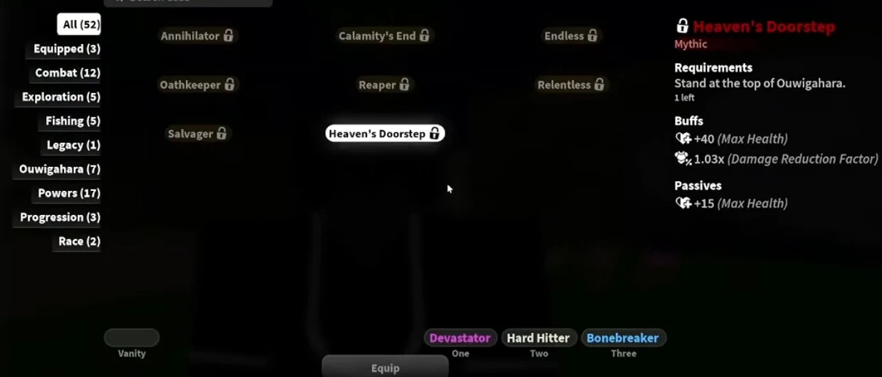 The Titles menu with Heaven's Doorstep selected and its tooltip on the right