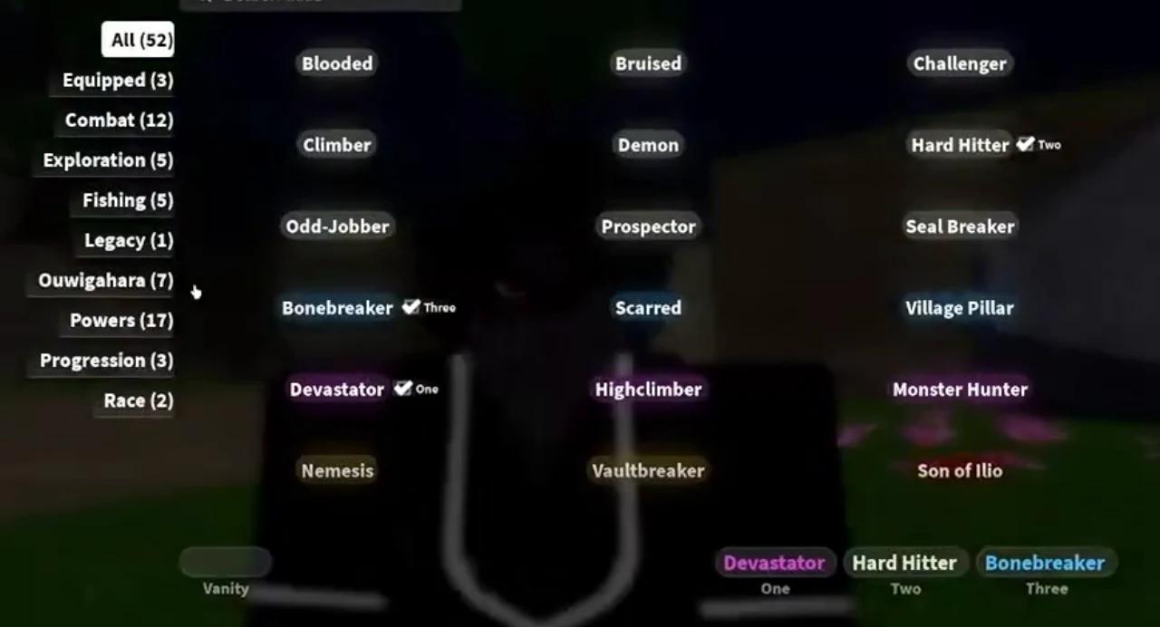 The Titles menu with its groups and three equipped titles
