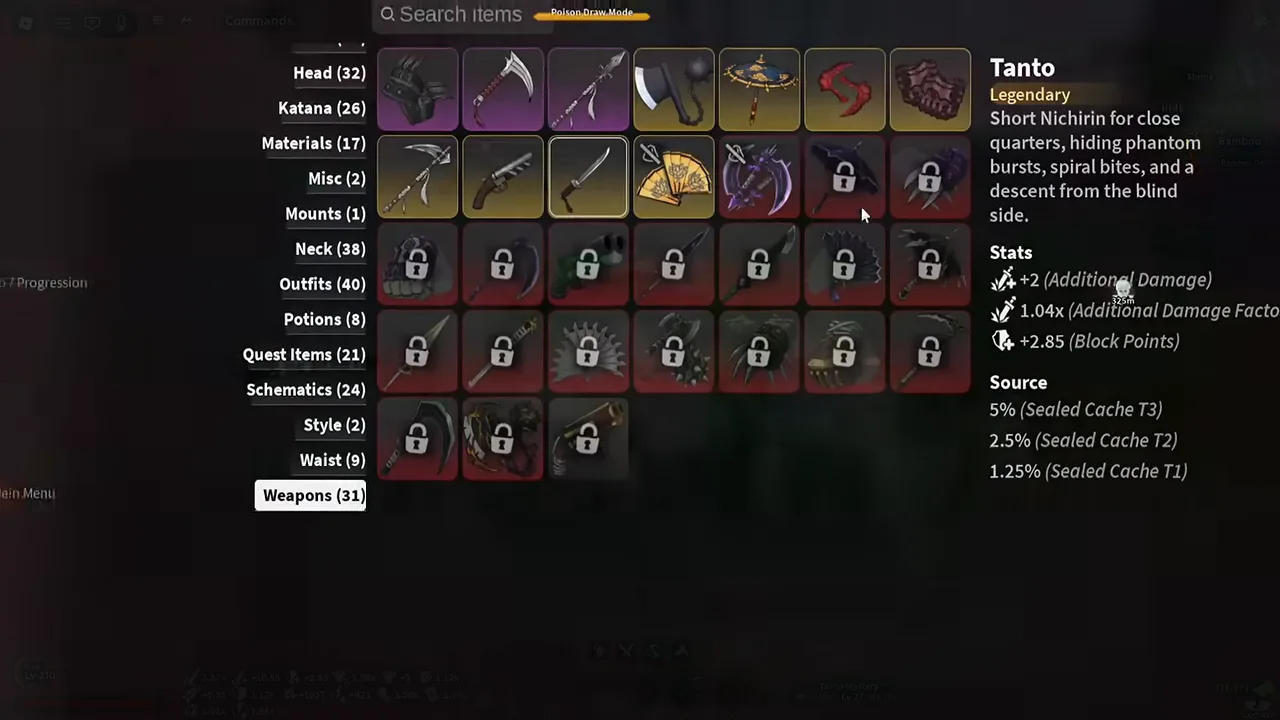 The Archives menu with category counts on the left, a grid of weapon icons, and the Tanto's card