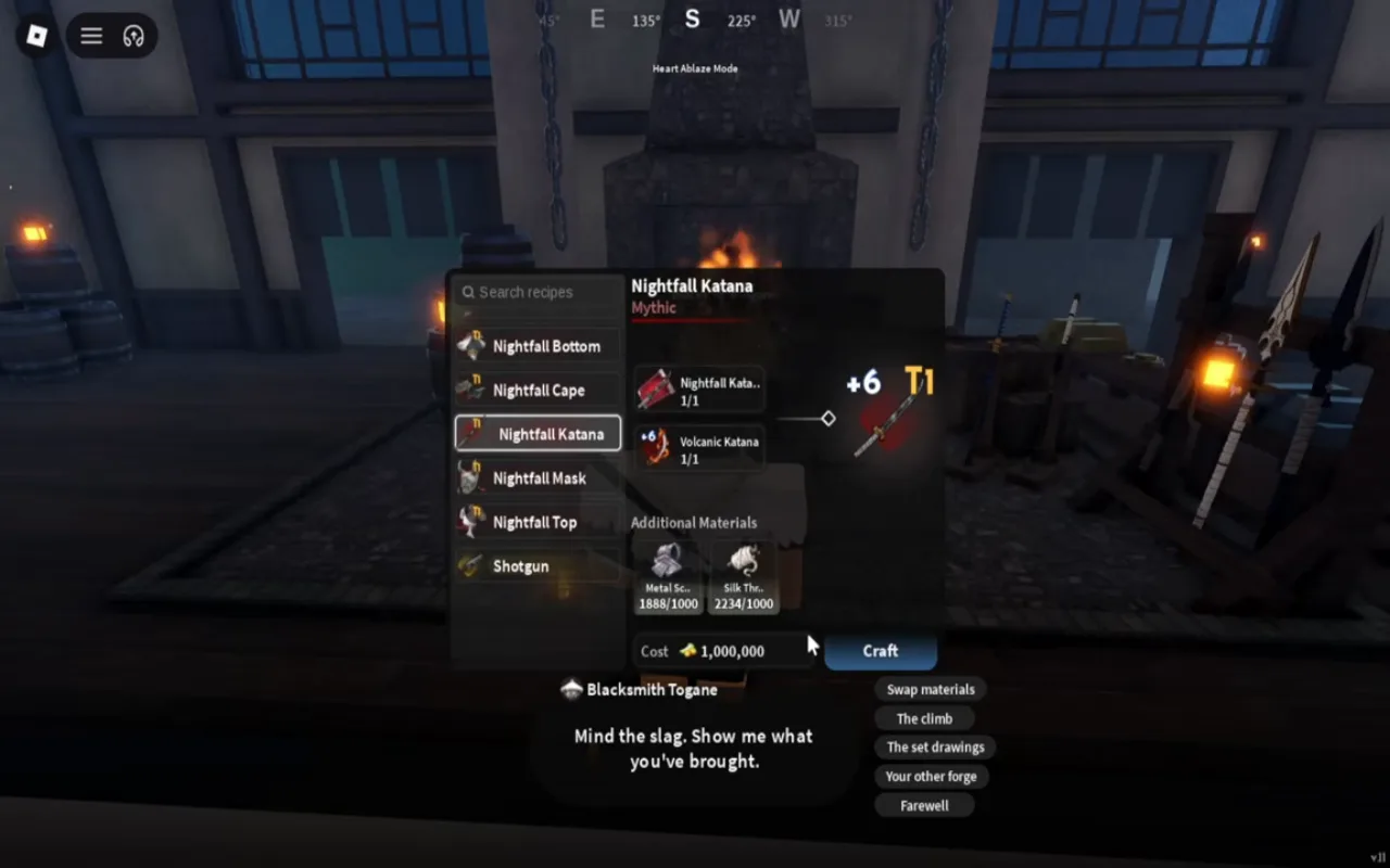 A recipe window for a katana, with a schematic and another katana as inputs and a +6 T1 preview