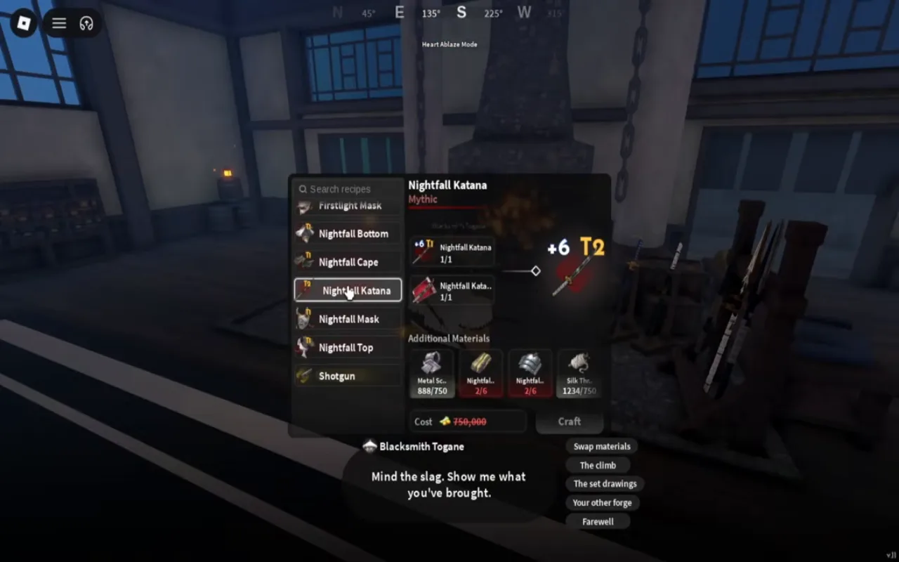 The same recipe window for the next tier, with two extra materials and a red cost