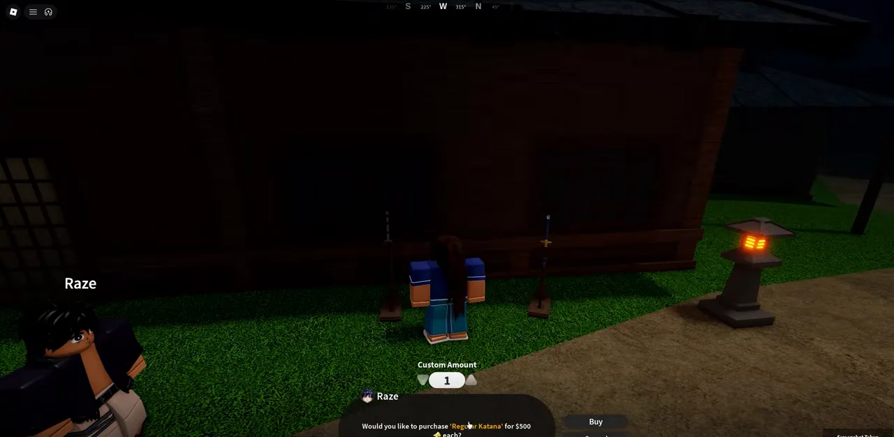 A shopkeeper NPC at night with a purchase dialog and a quantity picker