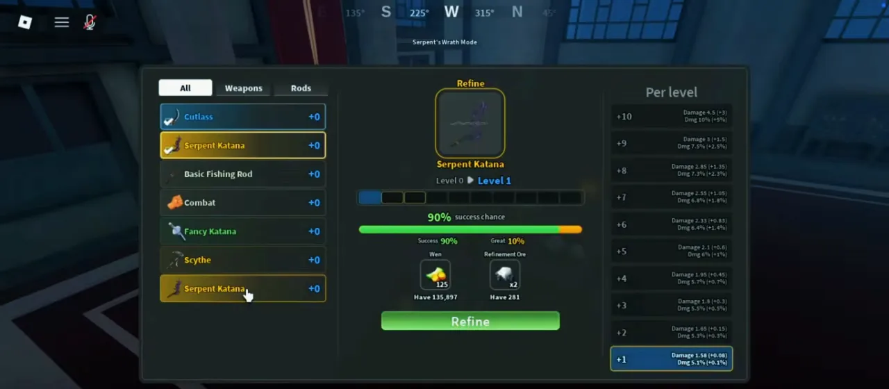 A refining window with a weapon list, a success chance bar and a per-level table