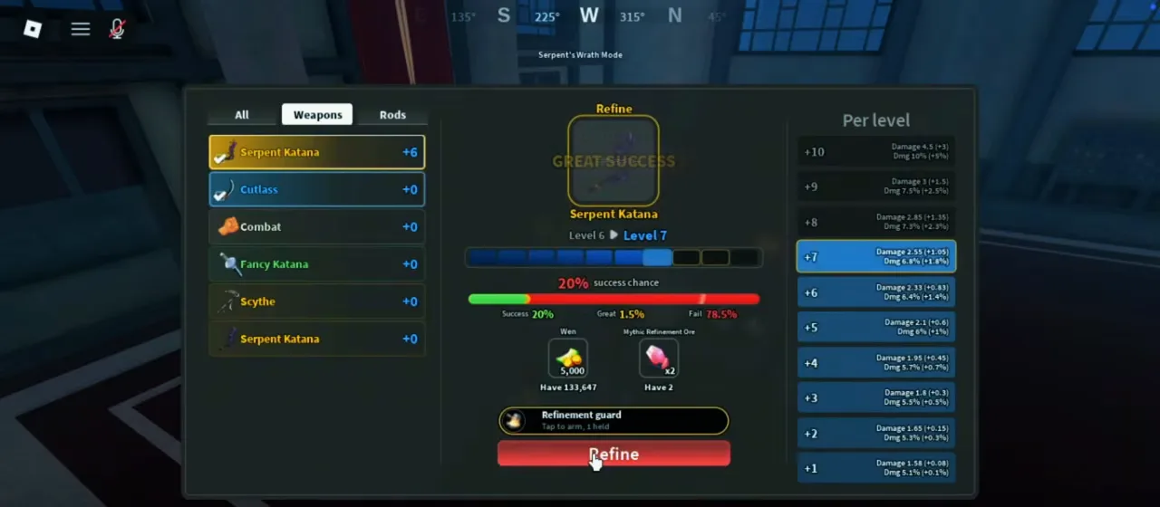 The same refining window at a higher level, with a mostly red chance bar