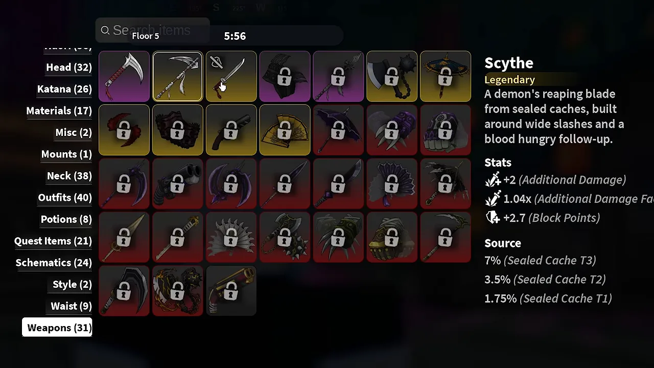 An Archives card for the Scythe with its stats and three drop chances