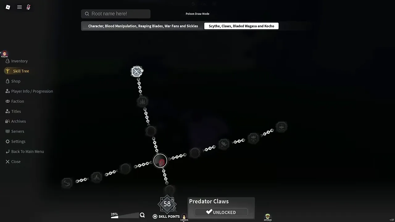 A skill tree screen with two tabs and one unlocked node highlighted