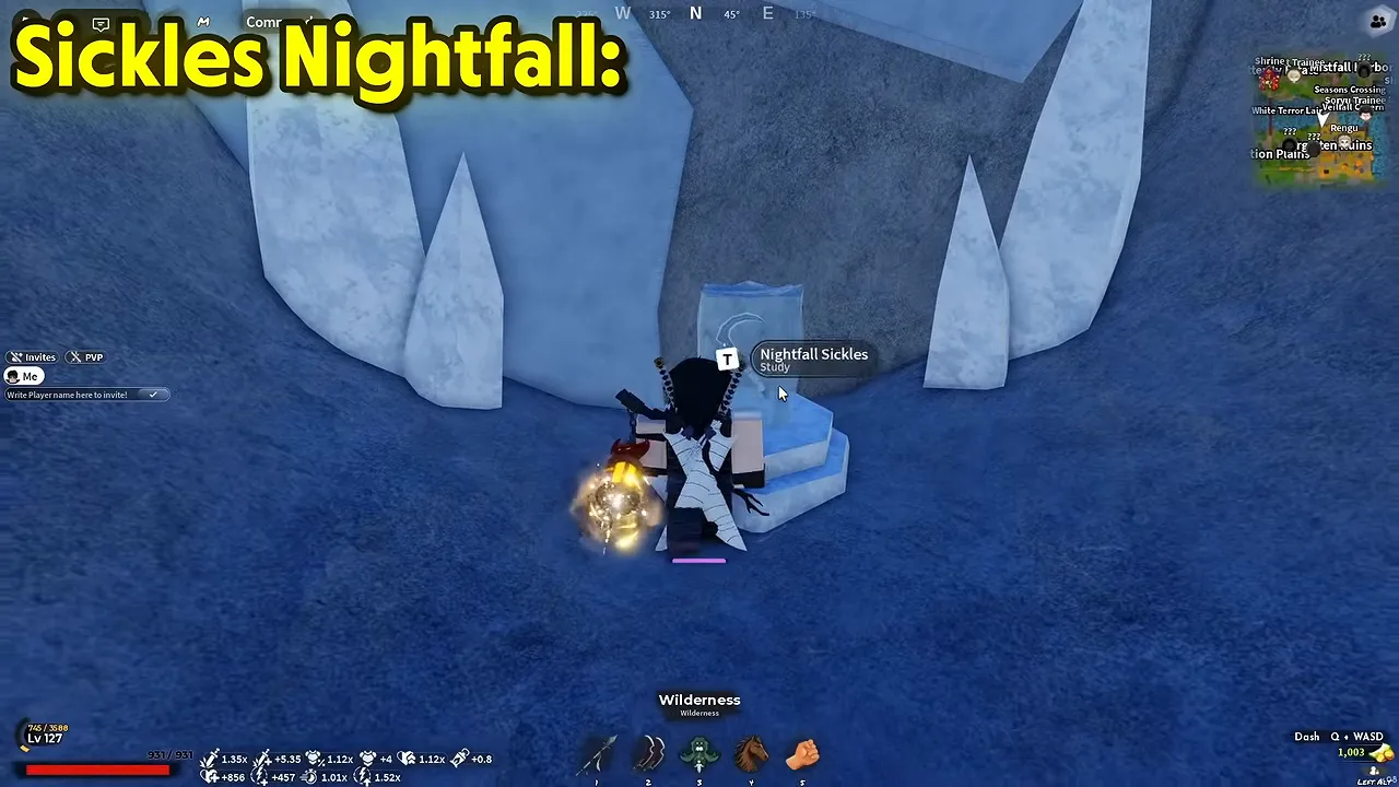 A player in an ice cave next to a blade on a stand, with a study prompt