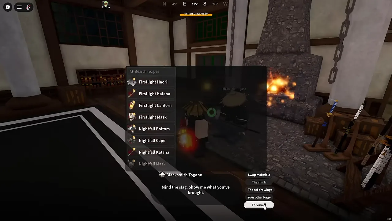 A recipe list inside a village forge, next to a blacksmith's dialog