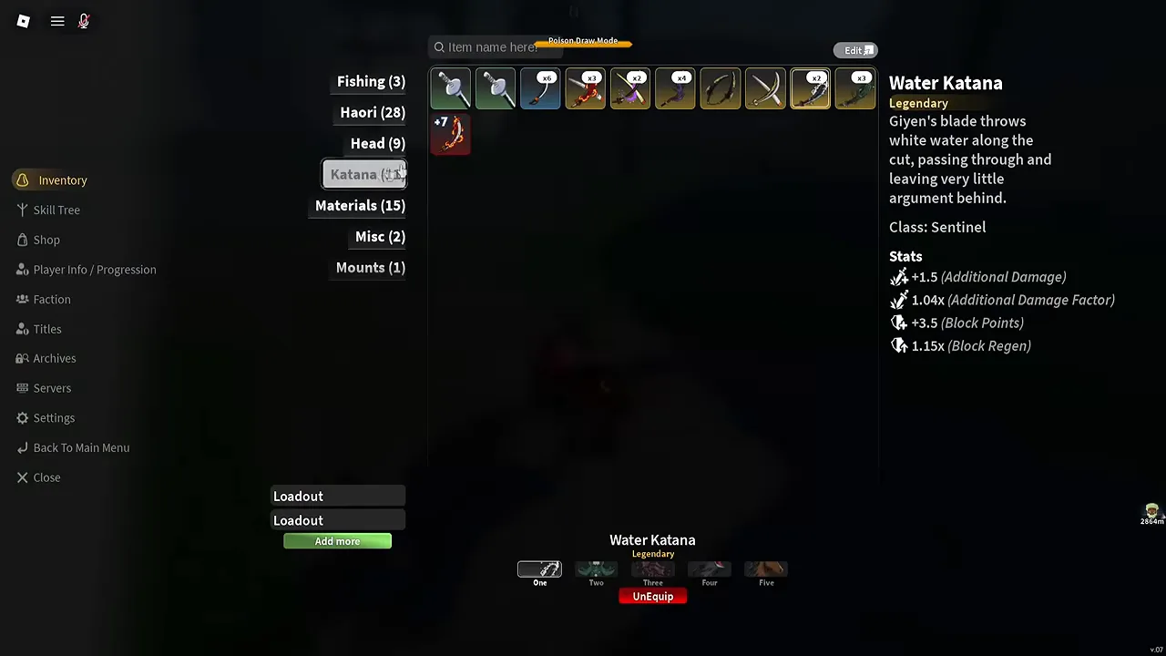 An inventory card for the Water Katana beside the item grid