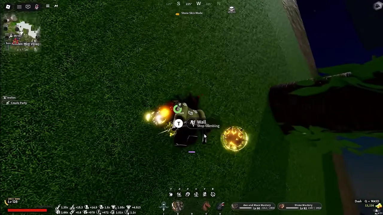 A player pressed against a grassy cliff with a climbing prompt beside them