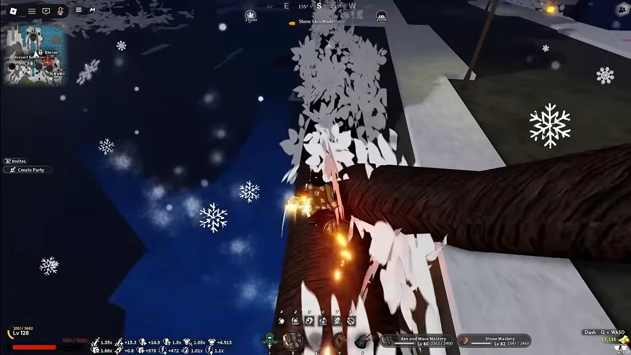 A player on a huge fallen tree trunk with white leaves, above dark water