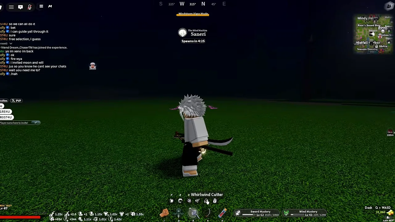 A player on grass at night with the hotbar tooltip showing a move name and a boss respawn timer above