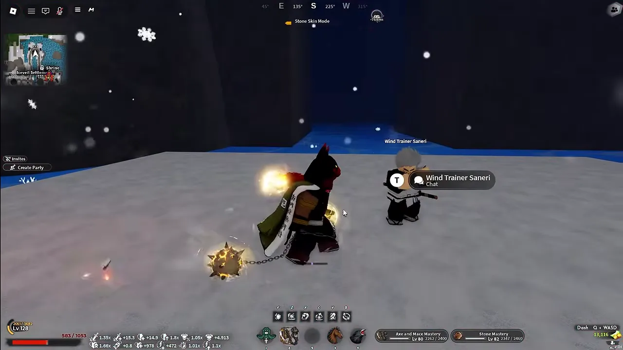 A player arriving on a snowy platform next to the Wind trainer, with the health bar reduced