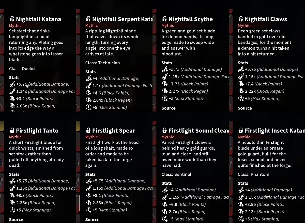 Eight weapon cards from the Archives side by side