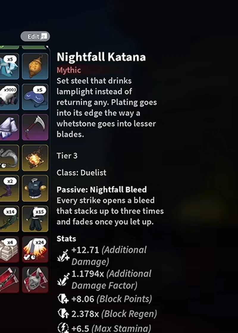 A Tier 3 Nightfall Katana's card with its passive