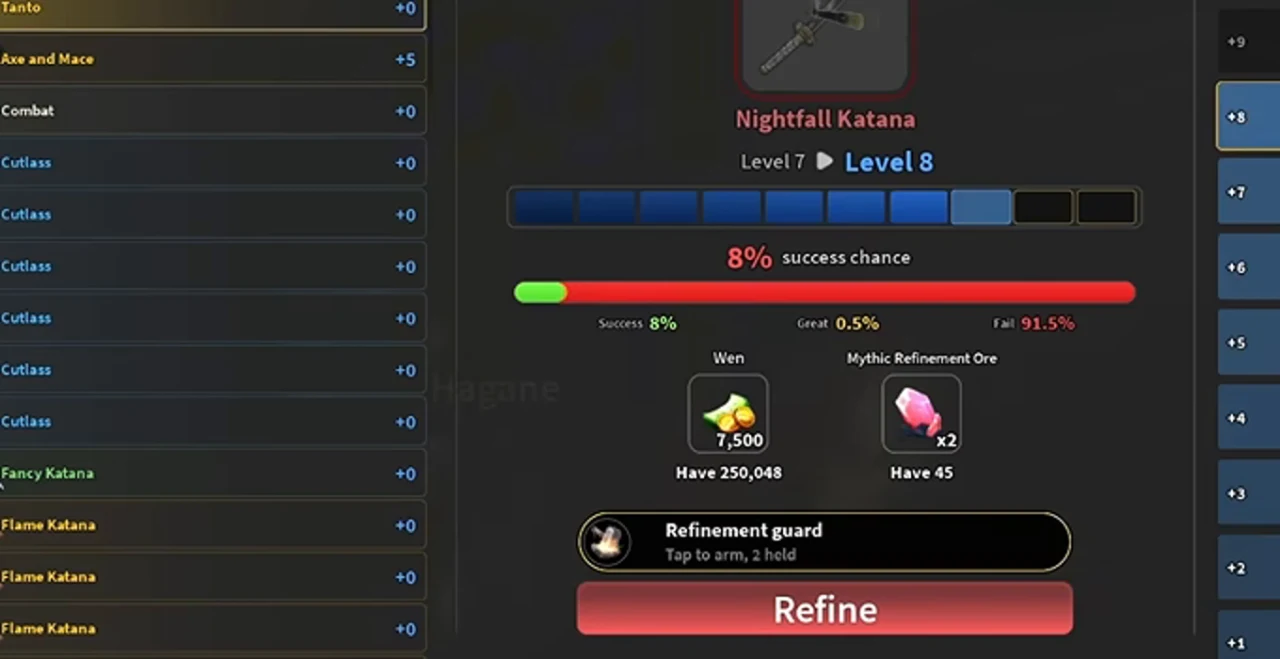 The refine screen at level 7 going to 8
