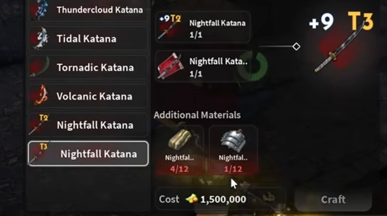 The crafting screen for a Tier 3 Nightfall Katana
