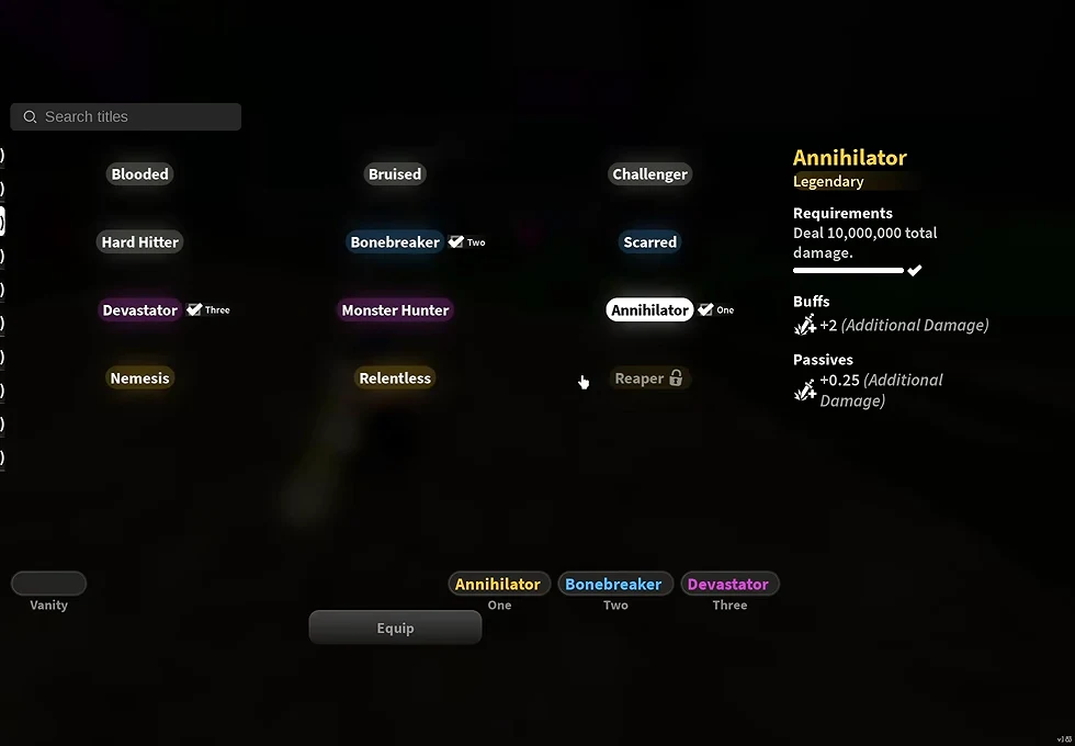 The Titles menu with three damage titles equipped