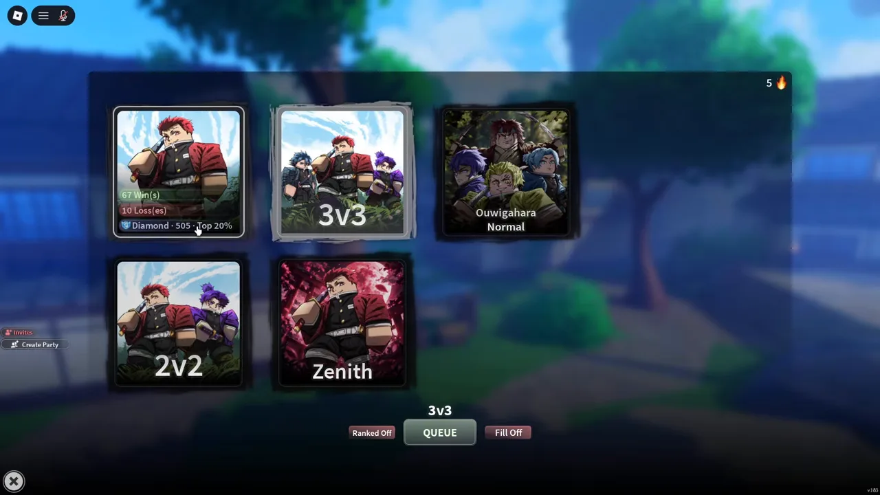 The mode grid with 3v3 selected and the 1v1 record showing