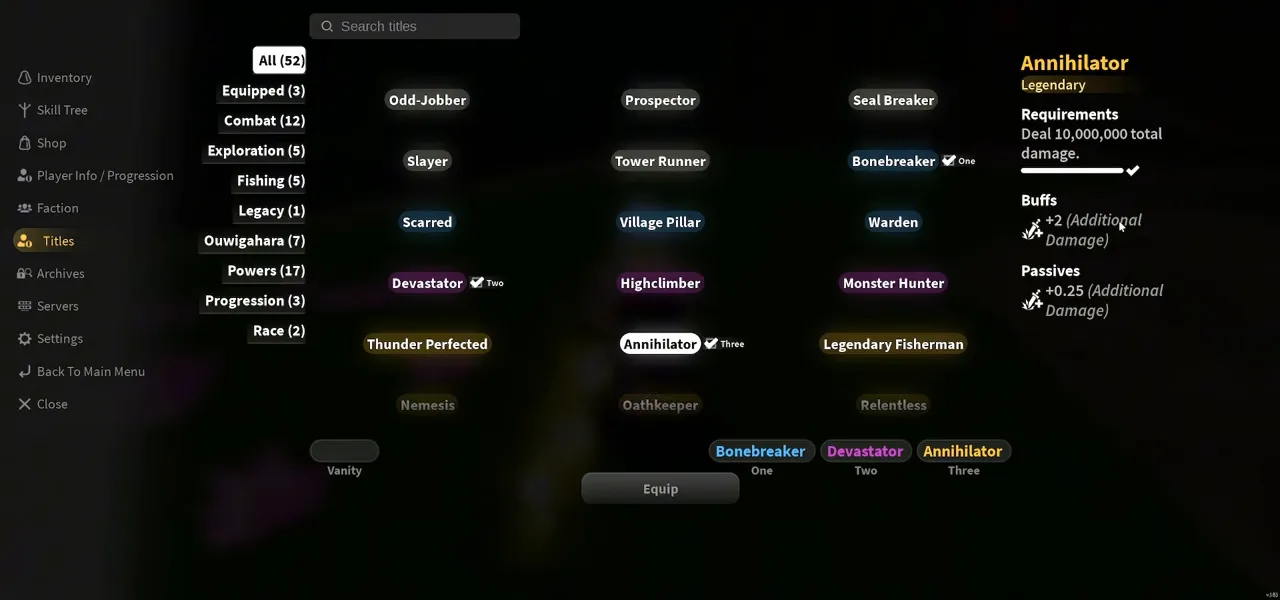 The Titles menu with the Annihilator title selected